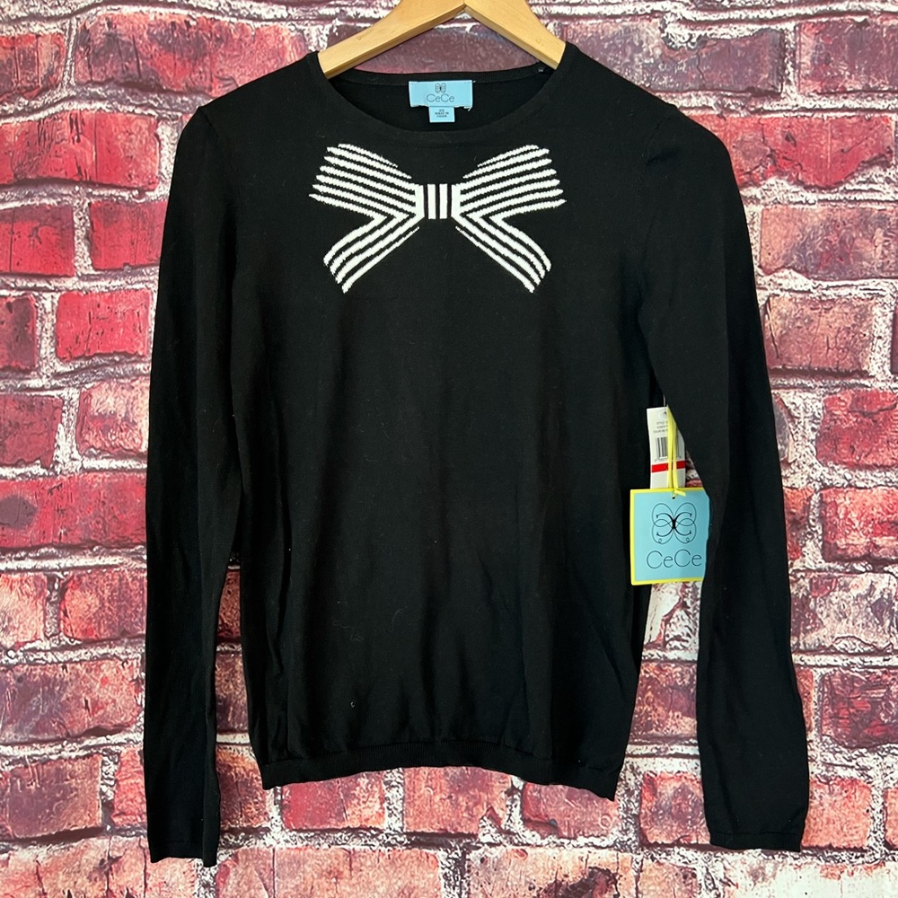 CeCe Black Crewneck Knit Sweater White Striped Bow Accent NWT Size XS